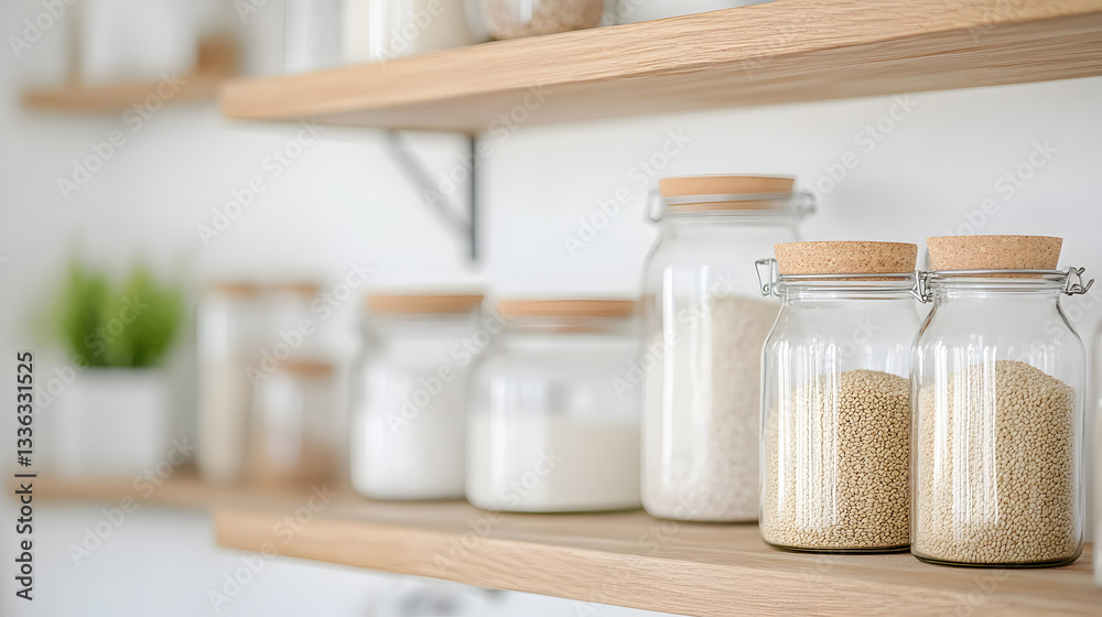 Glass jars filled with grains, sugar, and flour neatly arranged on wooden kitchen shelves. Ideal for home organization, minimalist interiors, and sustainable living content. Selective focus Glass jars filled with grains, sugar, and flour neatly arranged on wooden kitchen shelves. Ideal for home organization, minimalist interiors, and sustainable living content. Selective focus