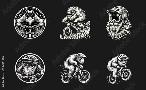 Yeti bigfoot riding mountain downhill bike Engrave illustration icon logo template