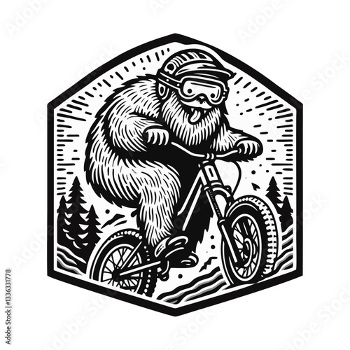Yeti bigfoot riding mountain downhill bike Engrave illustration icon logo template