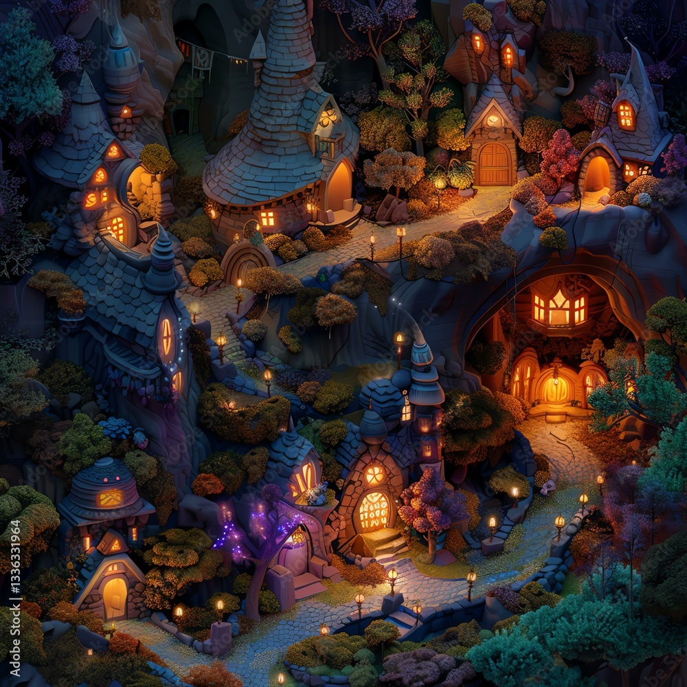 Fototapeta premium A whimsical village scene illuminated at night, showcasing enchanting cottages nestled amidst lush greenery, creating a magical atmosphere filled with warmth and charm.