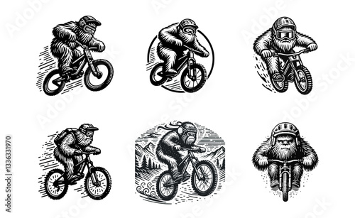 Yeti bigfoot riding mountain downhill bike Engrave illustration icon logo template