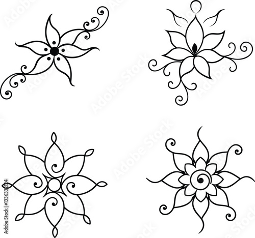 Four intricate floral designs perfect for henna, tattoos, or decorations.