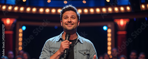 Entertainer Holding Microphone on Stage with Dramatic Lighting and Engaged Audience
