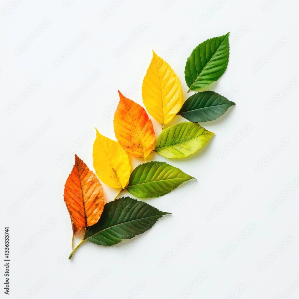 Fototapeta premium Autumnal Gradient: Colorful leaves transition beautifully on a white background.