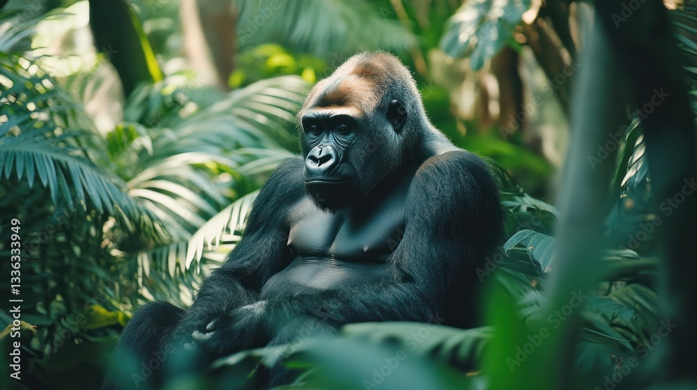 Obraz premium Majestic gorilla resting peacefully amid lush tropical foliage with sunlight