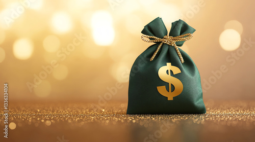 Green Money Bag on Golden Glittering Background