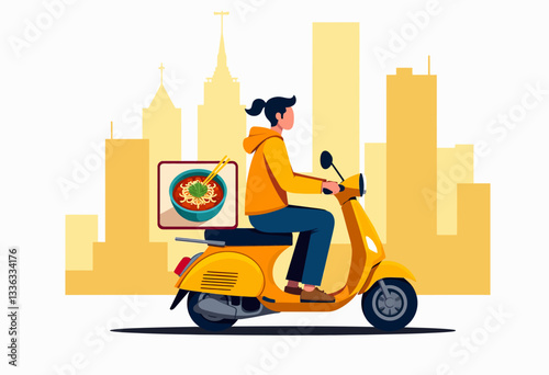 Playful Vector Graphic: Cartoon Food Delivery Girl on Scooter Emphasizing Quick Meal Delivery, Restaurant Services, and Food Convenience, Great for Food Blogs, Apps, and Promotional Materials.

