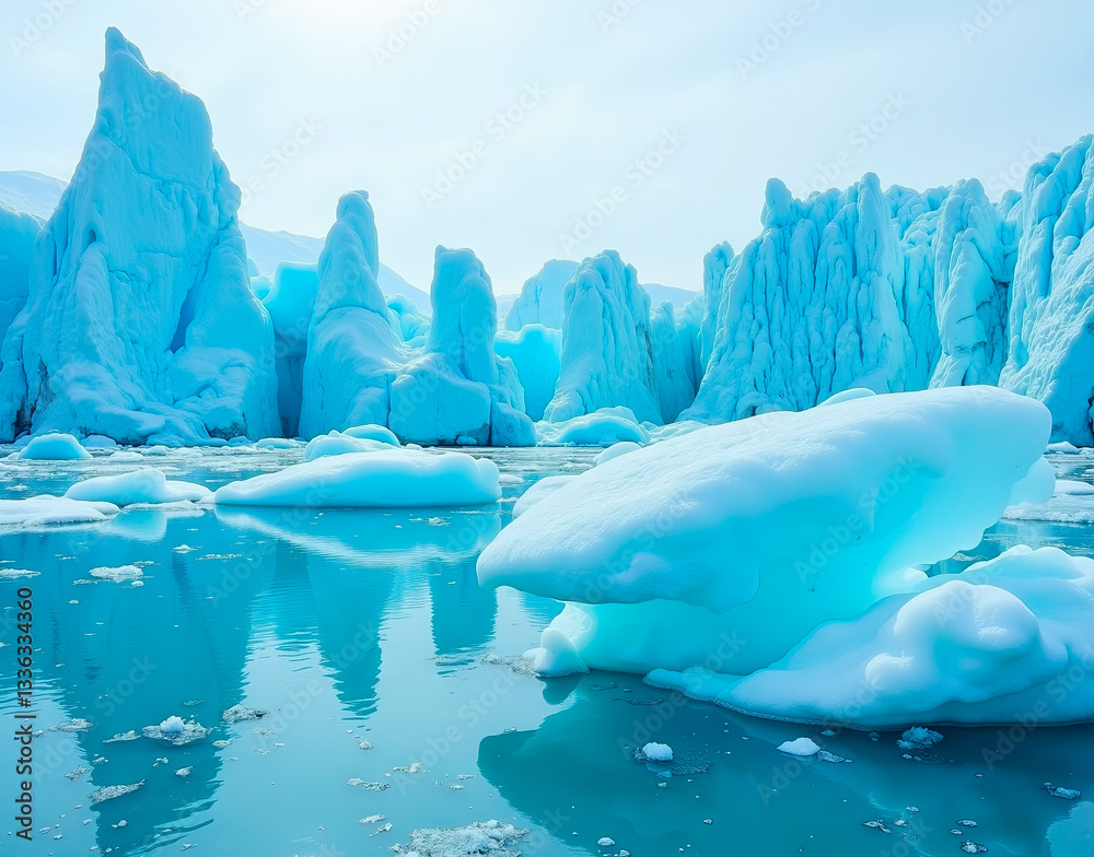 Fototapeta premium Icebergs drift in a Patagonian glacial lake. Submerged ice formations visible in 8K detail, no boats or humans present