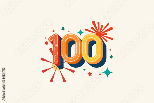 Logo Number Colorful 100th, 100th Happy Birthday or Anniversary with fireworks concept. Happiness and funny design concept.