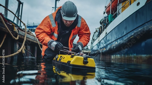 Ultra-realistic image of a marine engineer working on underwater equipment from a dockside setting
