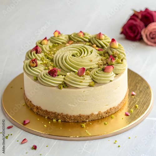 a rose pistachio cake on golden cake board