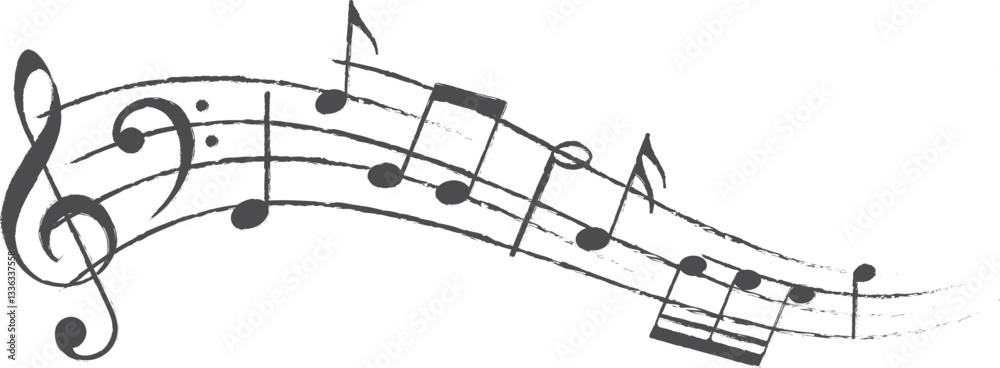 Musical notes. Treble clef on sheet music. Musical note icons in grunge style. Musical notes. Treble clef on sheet music. Musical note icons in grunge style.