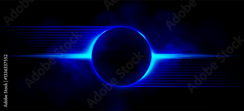 Neon frame with fog on a dark background. Round glowing frame with neon rays, blue fog around. Realistic, futuristic illustration concept. Centered composition. Vector illustration.