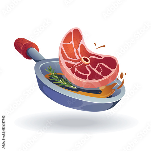 Raw and roasted meat steak on fried pan. Cartoon pork and beef steaks cooking process, roasted or grilled meat semi-finished products flat vector illustration set
