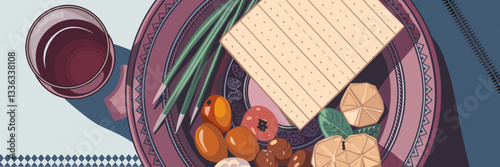 Vector illustration of a Seder plate with symbolic Passover foods