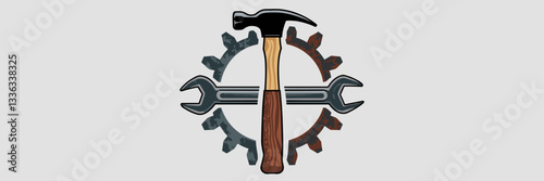 Vector illustration of a hammer, wrench, and gear with a vintage appearance – Ideal for retro, industrial design, or craftsmanship content.