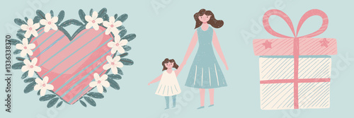 Vector illustration of a pastel heart with flowers, a mother and child, and a gift box with a bow – Perfect for family love themes, parental appreciation materials, or soft-colored greeting cards.