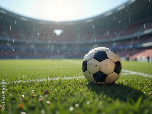 A soccer ball lies on wet grass against the backdrop of a stadium