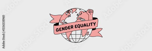 Vector illustration of a globe with female symbols, a gender equality ribbon, and a woman raising her fists – Great for social change initiatives, diversity representation, or equality-focused media.