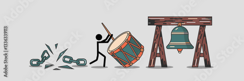 Vector illustration of broken chain, celebration drum with stick figure, and freedom bell on a wooden frame