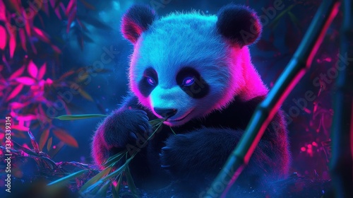 Neon panda blissfully eating bamboo under a vibrant, futuristic jungle glow