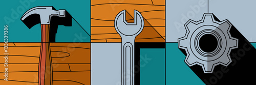 Vector illustration of a hammer, wrench, and gear in a clean, modern style on wooden and metal backgrounds – Suitable for industrial design, tools, or craftsmanship themes.
