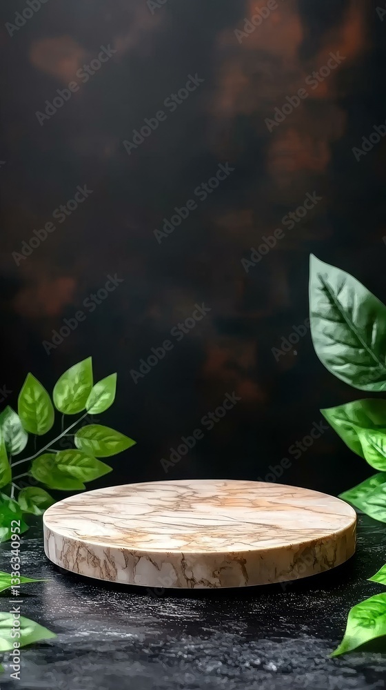 Beige Marble Round Display Platform with Green Leaves Beige Marble Round Display Platform with Green Leaves
