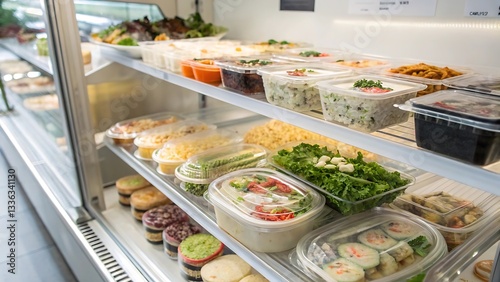 Assorted Pre-Packaged Fresh Meals in a Refrigerated Display. Healthy Ready-to-Eat Meals in Plastic Containers on Store Shelf. Takeaway Food Selection in Supermarket Refrigerated Section