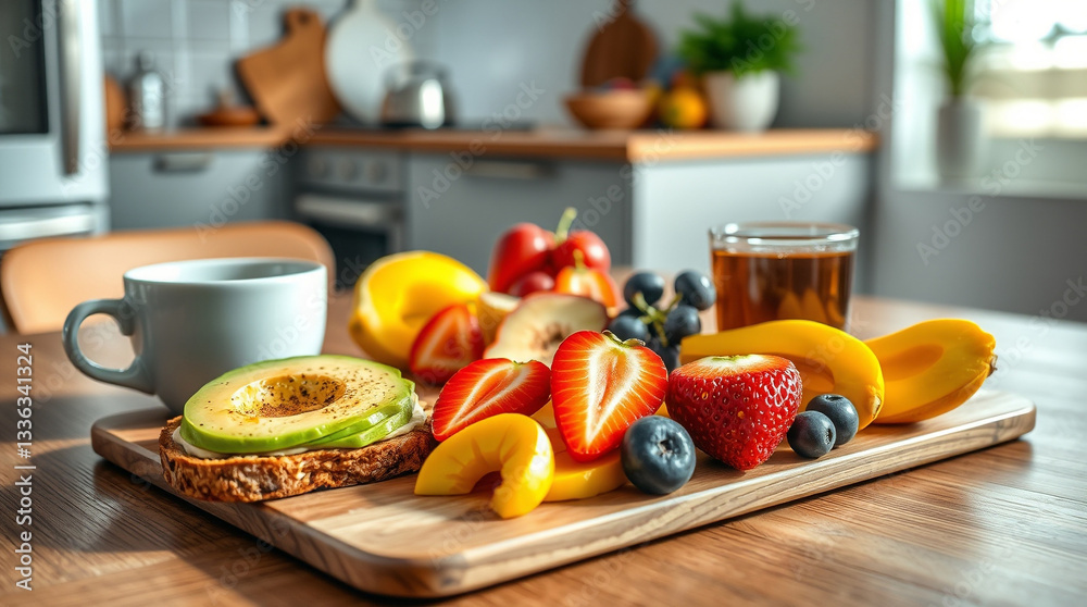 Healthy Breakfast Spread with Avocado Toast, Fresh Fruits, and Coffee on a Wooden Table in a Modern Kitchen Healthy Breakfast Spread with Avocado Toast, Fresh Fruits, and Coffee on a Wooden Table in a Modern Kitchen
