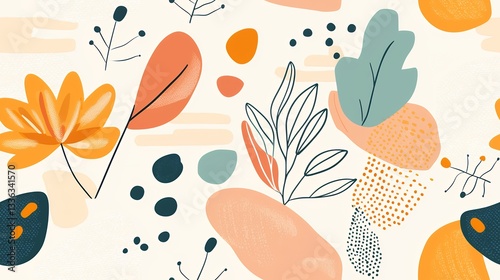 Abstract Autumnal Leaf Pattern Seamless Design in Orange Peach and Teal