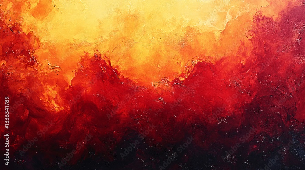 An abstract painting displaying fiery colors and blended textures strongly