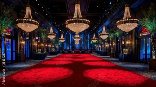 A long hallway with a red carpet and elegant chandeliers