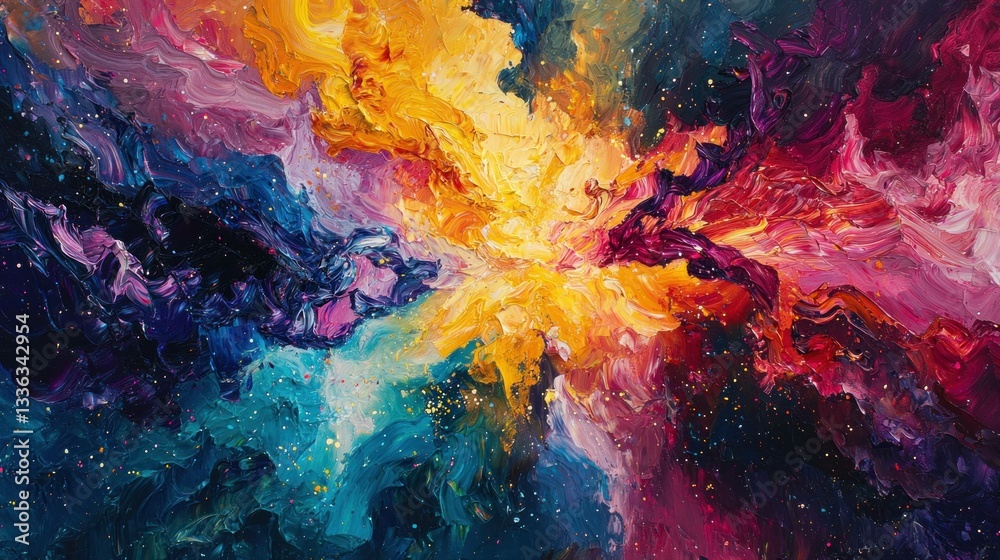 Fototapeta premium Colorful abstract cosmic painting featuring vibrant hues of orange, pink, blue, and purple, capturing the beauty of the universe in a stylish and emotional way