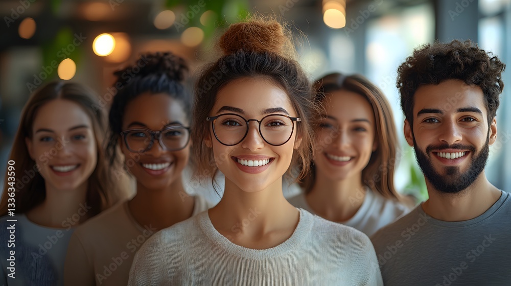 Fototapeta premium Animated workplace selfie showing colleagues smiling in a bright office