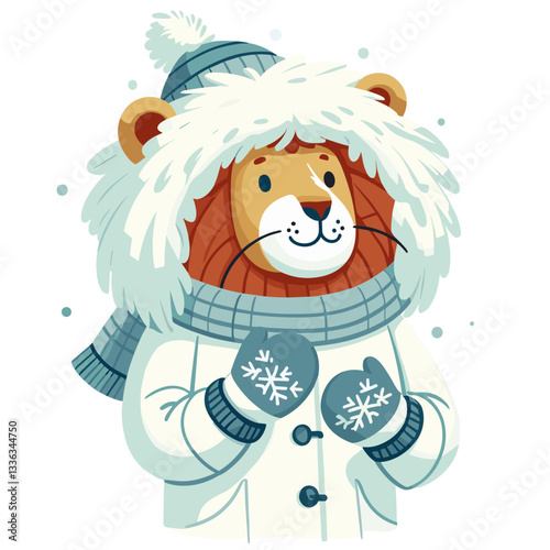 Cute cartoon lion in winter hat and mittens with snowflakes, vector illustration. Perfect for holiday greeting cards, winter fashion blogs, or cold weather sale promotions.