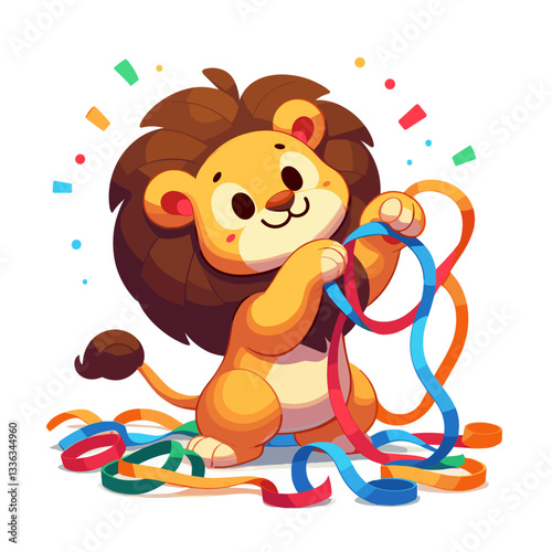 Cartoon playful lion cub tangled in colorful streamers and confetti. Perfect for birthday party themes, celebration decorations, children's event planning, or festive announcements.