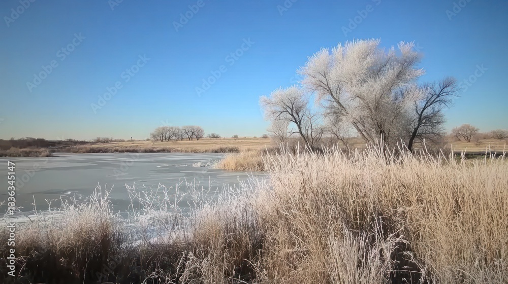 A scenic winter landscape featuring trees and a frozen lake A scenic winter landscape featuring trees and a frozen lake