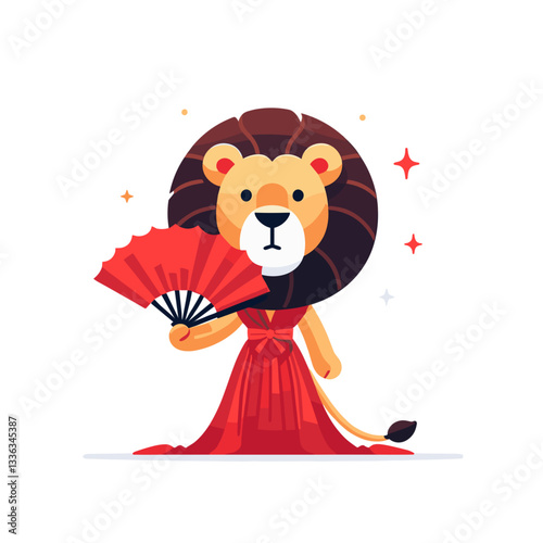 Cartoon lion geisha in red kimono with fan, vector illustration. Perfect for cultural themes, Japanese arts, international festival promotions or exotic designs.