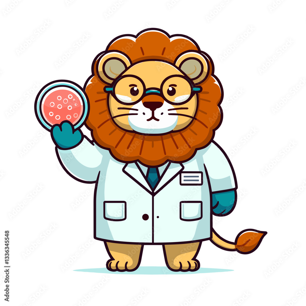 Naklejka premium Cartoon lion scientist in lab coat examining petri dish. Ideal for science education or laboratory research concepts.