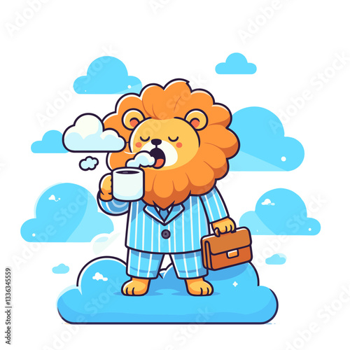 Sleepy lion in striped pajamas with briefcase on cloud. Perfect for sleep therapy or bedtime routine concepts.