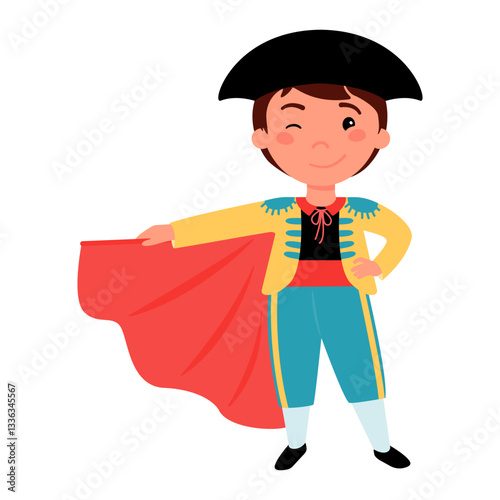 Boy dressed in a matador costume and holding a red cloth.