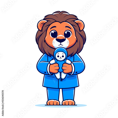 Caring lion in blue suit holding plush toy. Ideal for child psychology services or parenting support concepts.