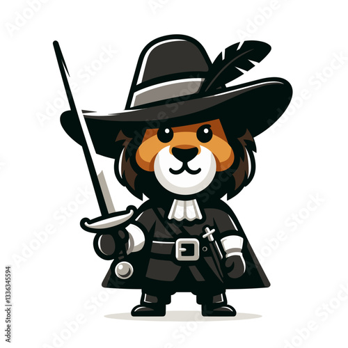 Dashing lion musketeer in black hat and cape with sword. Perfect for historical literature or theatrical character designs.