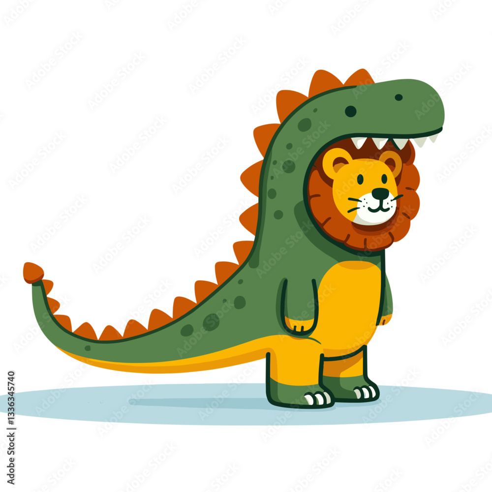 Fototapeta premium Playful lion in green dinosaur costume. Ideal for children's costume parties or pretend play activities.