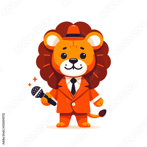 Professional lion presenter in orange suit with microphone. Ideal for broadcasting or public speaking concepts.