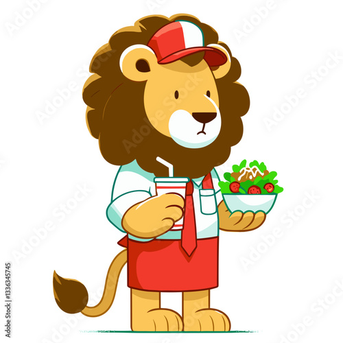 Friendly lion fast food worker with salad bowl and apron. Perfect for restaurant staff or food service industry concepts.