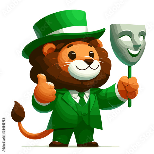 Cute cartoon lion theater actor with mask in green suit, vector illustration. Perfect for arts festival promotions, drama school advertising, or entertainment venue marketing.