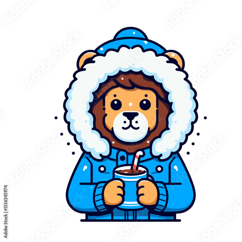Cute cartoon lion in blue winter parka with fur hood, vector illustration. Perfect for winter clothing brands, cold weather tips, or arctic expedition themes.