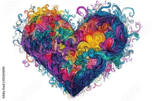 A vibrant heart illustration filled with colorful swirls and floral elements representing love, joy, and creativity in a whimsical, artistic style