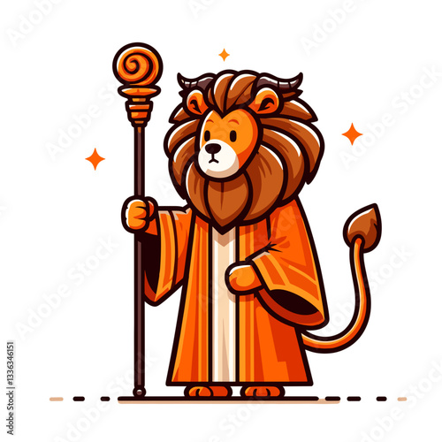 Cute cartoon lion wizard with magical staff in orange robe, vector illustration. Perfect for fantasy game characters, children's storybooks, or magical themed party decorations.